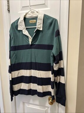 Broken threads Men’s Green & Navy Stripe Rugby Shirt with White Collar
